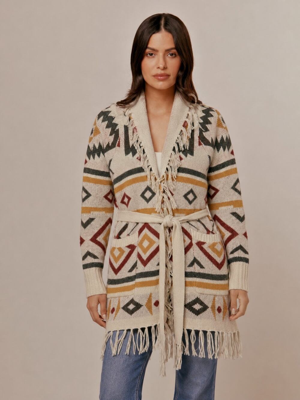 Idyllwind Aztec Fringe Belted Cardigan Sweater Acrylic Yellow Green Cream L